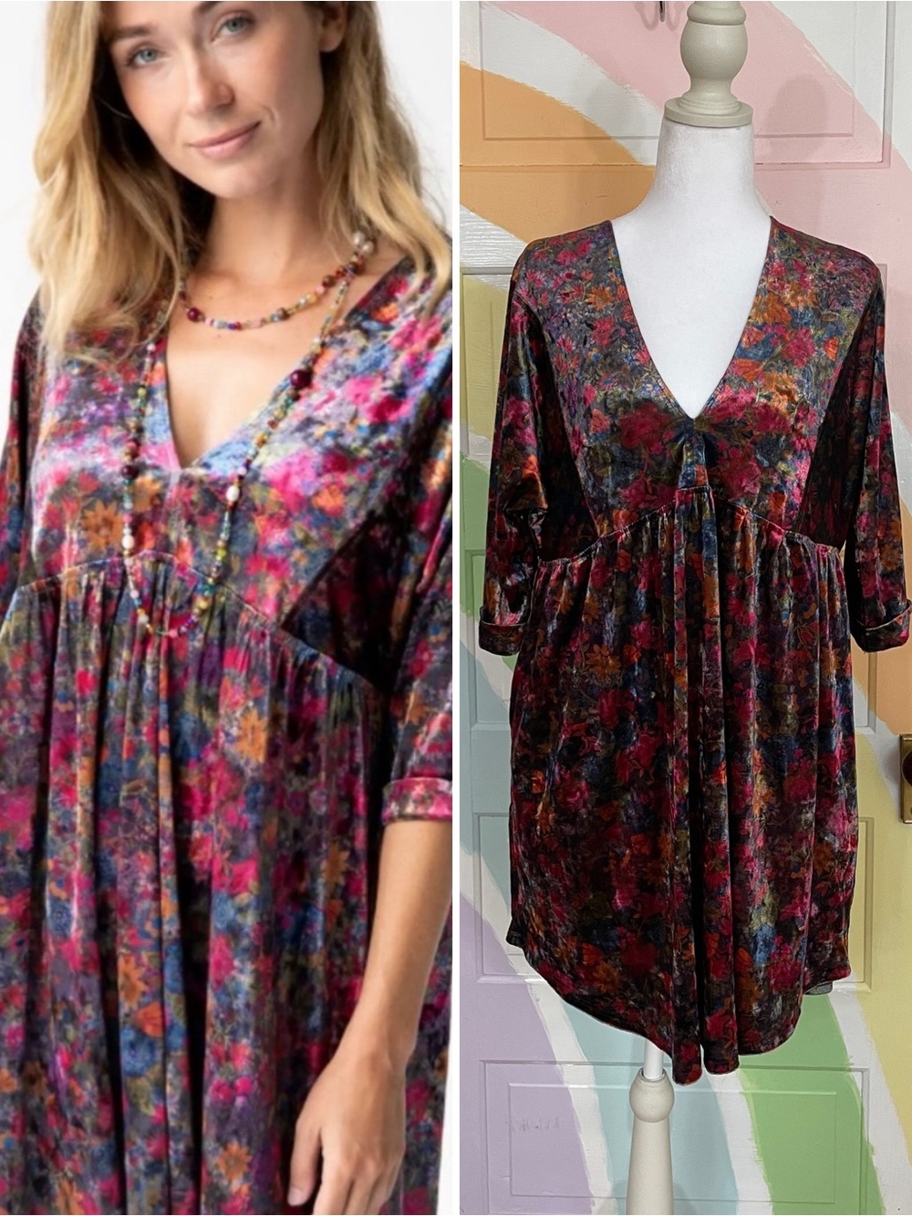 NATURAL LIFE Velvet Floral Jewel Tone Romantic Mini Dress Sz XS 🧡🎀